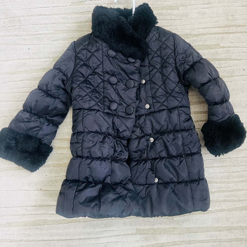 Like new Jessica Simpson black coat size 4 with faux fur cuffs and neck